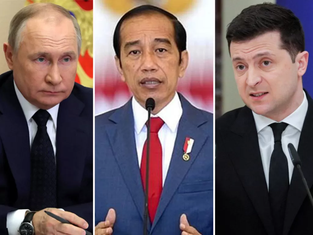 Kiri-kanan: Presiden Rusia Vladimir Putin, Presiden Joko Widodo, Presiden Ukraina Volodymyr Zelenskyy. (REUTERS/ANTARA FOTO)