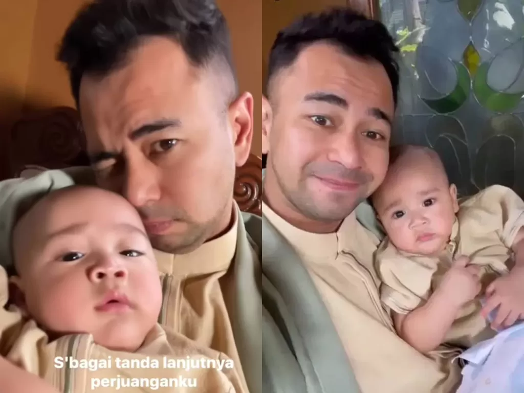 Raffi Ahmad pecahkan rekor gendong Rayyanza. (Instagram/familyraffiah17)