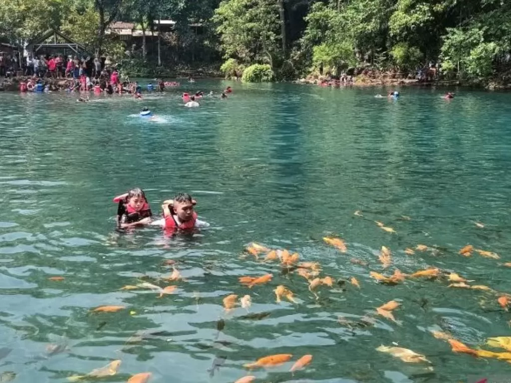 Pengunjung berenang di Situ Cipanten di Majalengka. (ANTARA/Suci Nurhaliza)