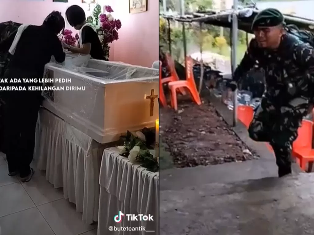 Seorang prajurit TNI menangis saat pulang mendapati ayahnya meninggal dunia. (TikTok/@butetcantik___)