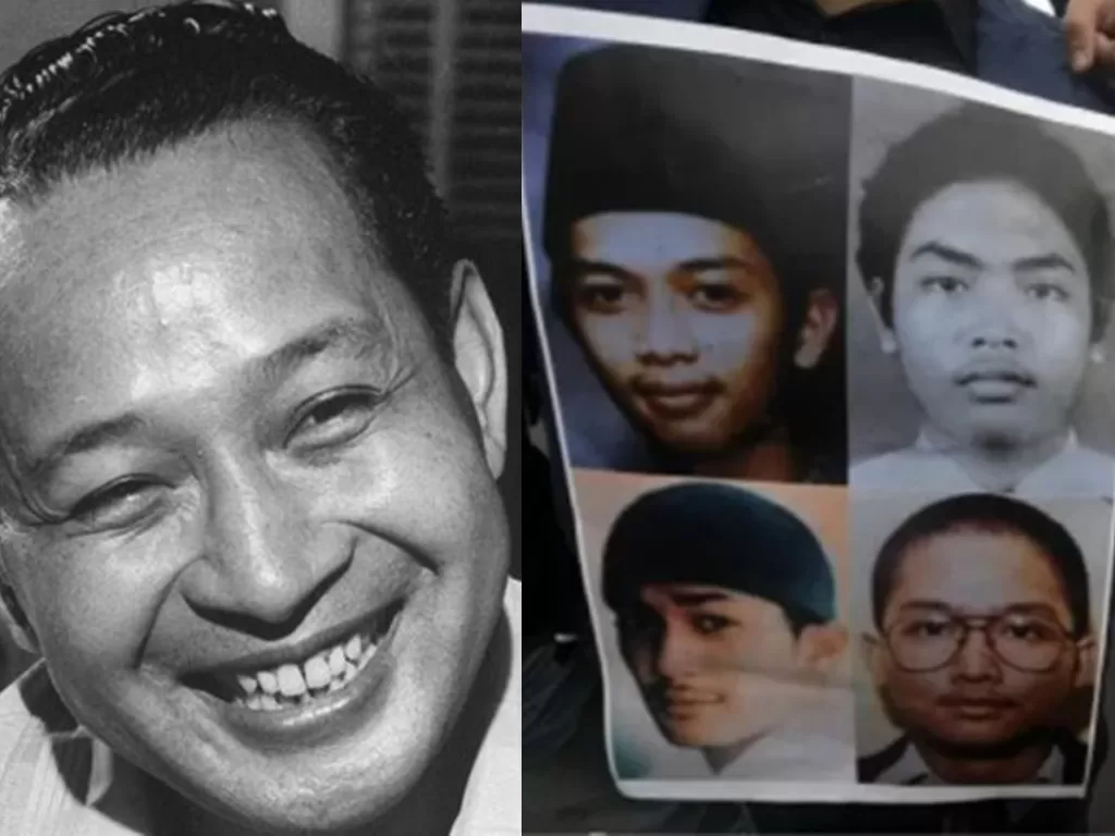 Kolase foto Soeharto dan empat mahasiswa Universitas Trisakti yang tewas ditembak dalam Tragedi Trisakti tahun 1998. (Antara foto/Arahindonesia.files.wordpress.com)