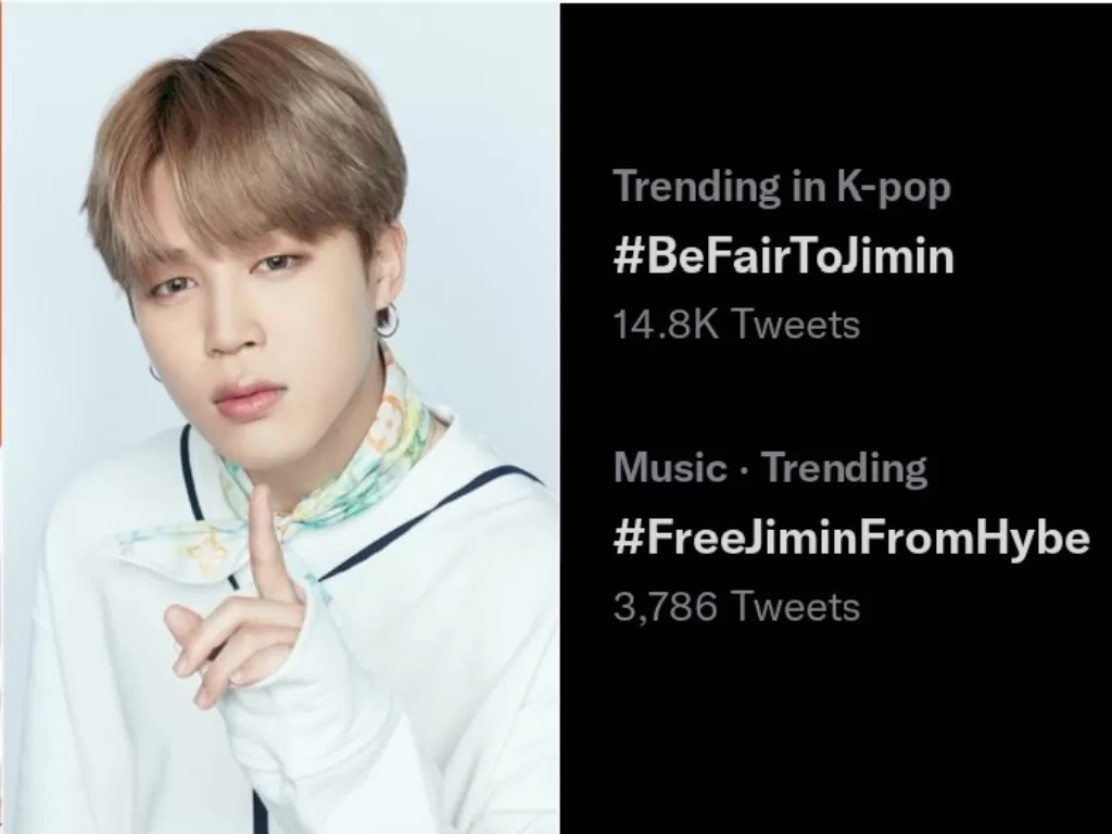 Jimin BTS jadi trending Twitter. (Instagram/@bts.bighitofficial), tangkapan layar tagara FreeJiminFromHybe. (Twitter).