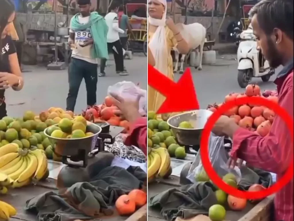 Aksi pria pedagang jeruk yang lakukan kecurangan kurangi timbangan. (Instagram/@say.viideo)