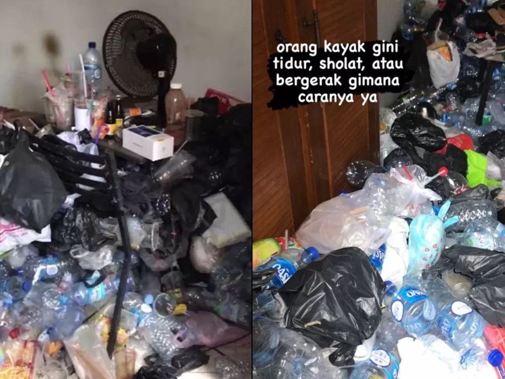Penampakan kamar kosan yang dipenuhi dengan sampah plastik yang menggunung. (Twitter/@tvcpan)