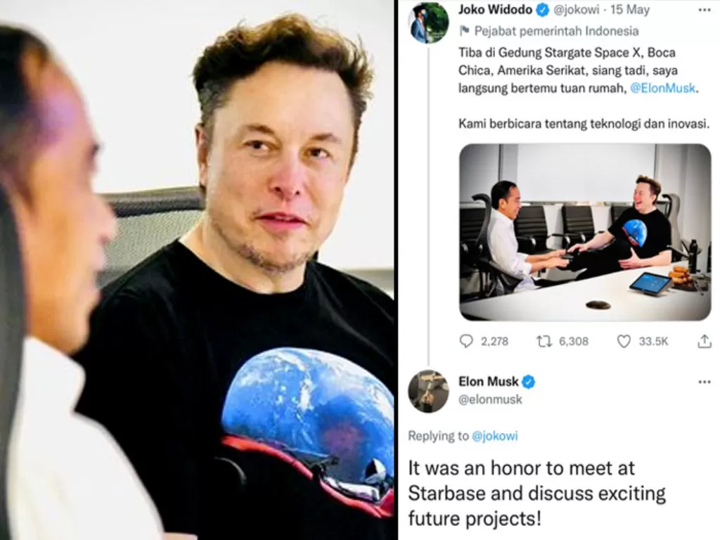  Elon Musk nyatakan ketertarikannya bekerja sama dengan Indonesia saat membalas cuitan Presiden Joko Widodo. (Twitter/@jokowi/Biro Pers Setpres)