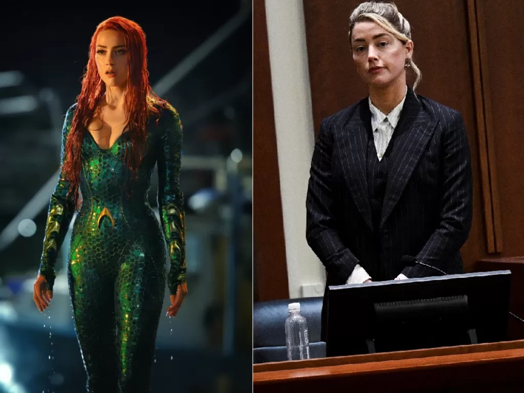 Amber Heard saat berpean di Aquaman. (Imdb), Amber Heard di persidangan. (Brendan Smialowski/Pool via REUTERS).