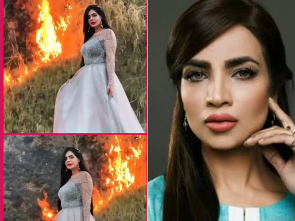 Humaira Asghar di video TikTok terbarunya sebelum di hapus tampil mengenakan gaun dengan latar hutan terbakar (@TheSaadKaiser )