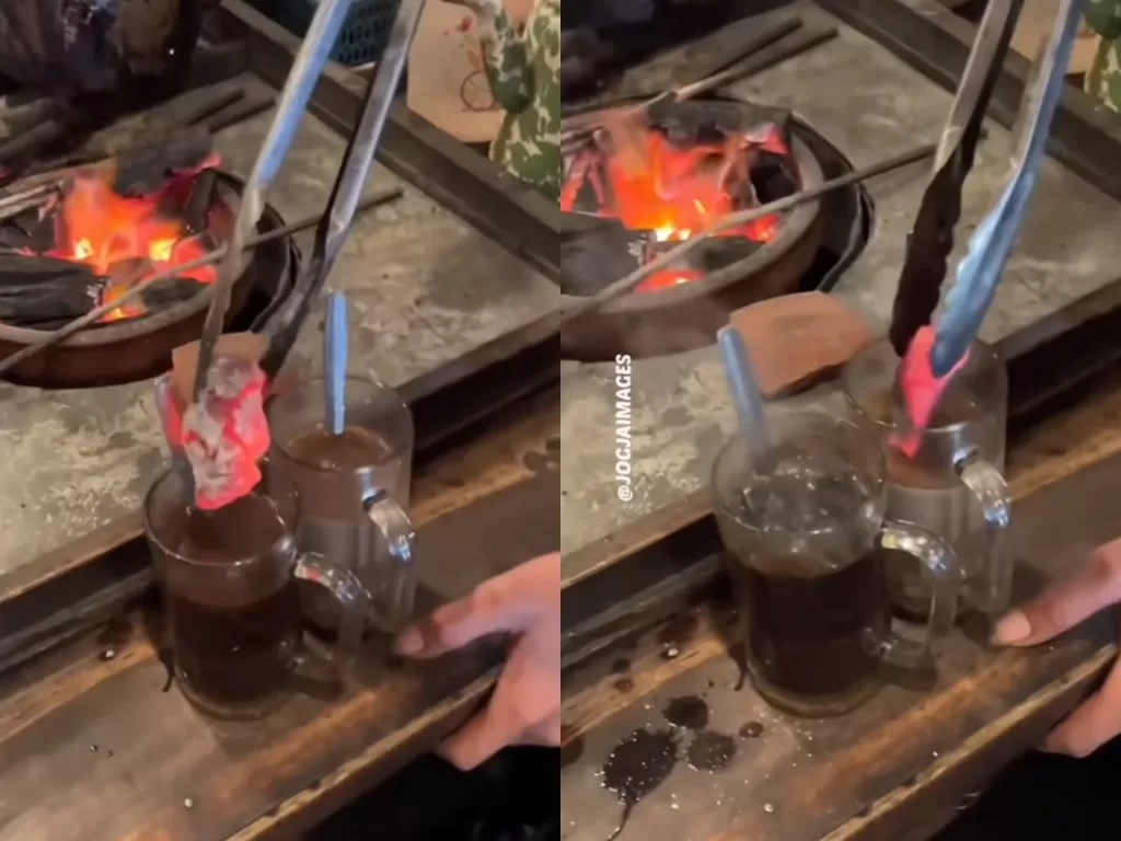 Kopi dicumpur arang panas. (Instagram/@kulinertrending.id)