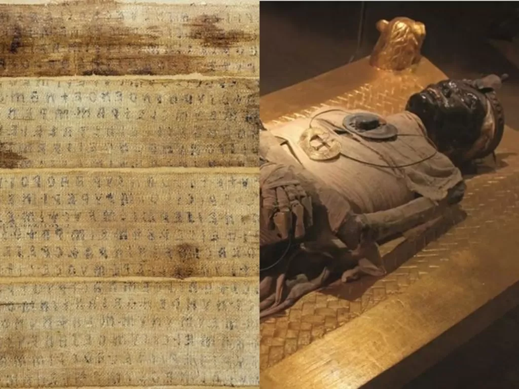 Kiri: Pesan misterius di pembungkus mumi. (Ancient of Egypt) Kanan: Mumi Alexander Agung yang ditemukan. (Nationalgeographic)