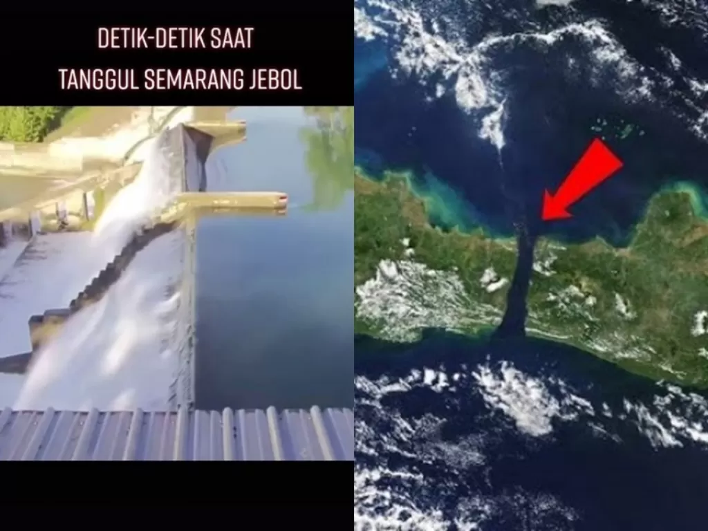 Kiri: Video detik-detik tanggul Semarang jebol. (TikTok/@ytc.official) Kanan: Pulau Jawa terbelah dua. (Invoice Indonesia/YouTube) 