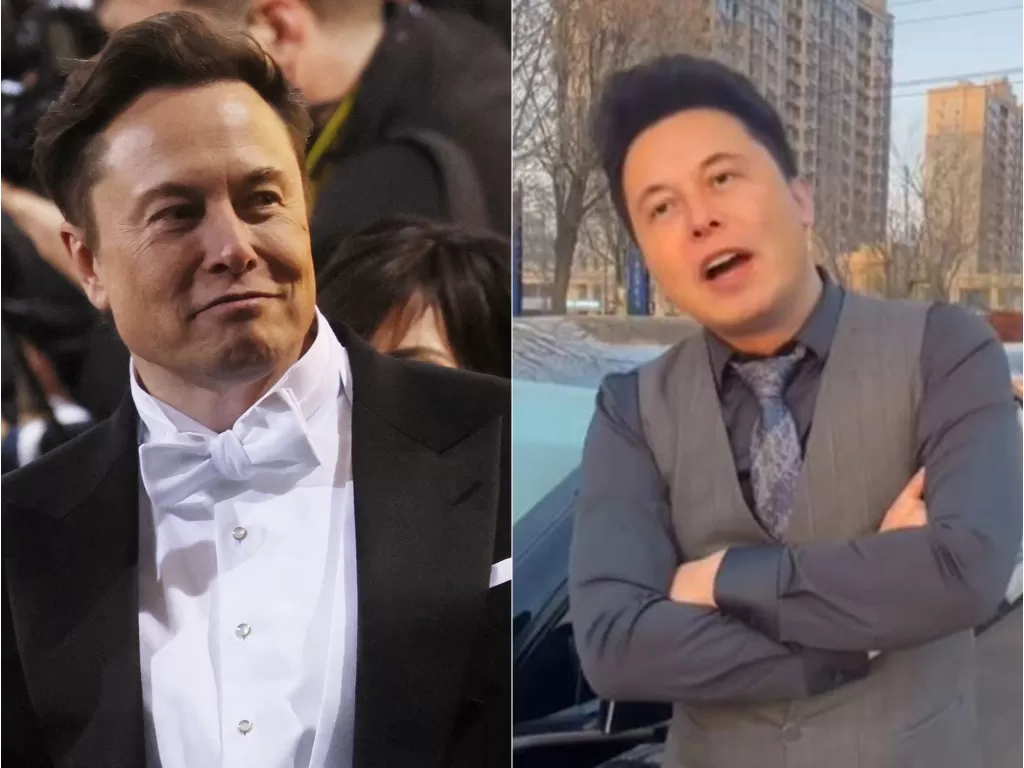 Elon Musk asli saat menghadiri gala dinner di New York (kiri) dan TikToker mengaku sebagai saudara kembar Elon Musk (kanan).(REUTERS/Brendan Mcdermid/TikTok)