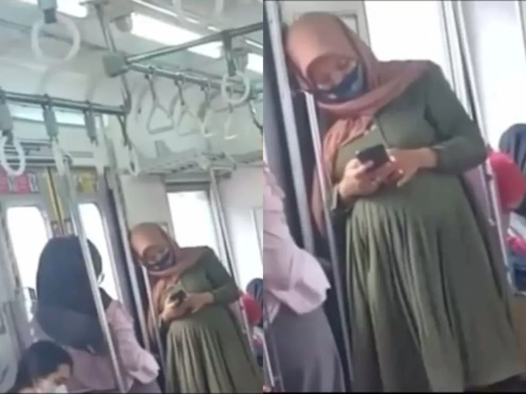 Wanita hamil yang tak dikasi tempat duduk di dalam kereta api. (Instagram/@fakta.indo)