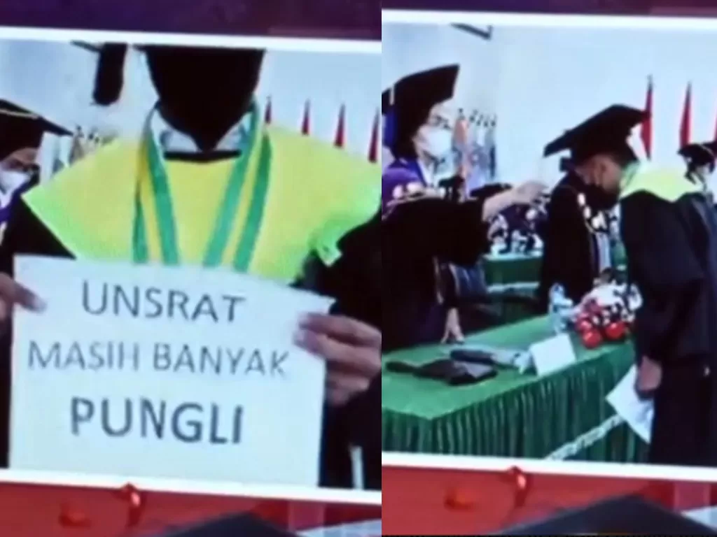Wisudawan Unsrat bawa poster bertulisan 'Unsrat Masih Banyak Pungli' saat diwisuda. (TikTok/@stfn2)