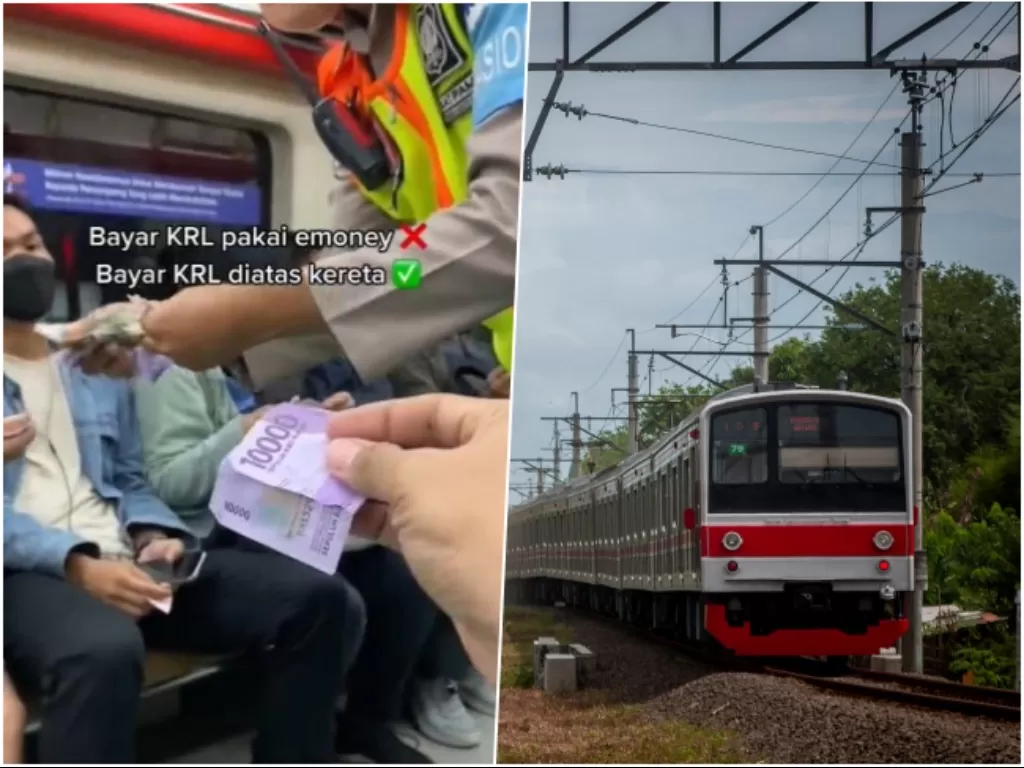 Petugas pungut uang di dalam KRL. (Twitter/@Jalur5_) dan Ilustrasi KRL. (ANTARA FOTO)