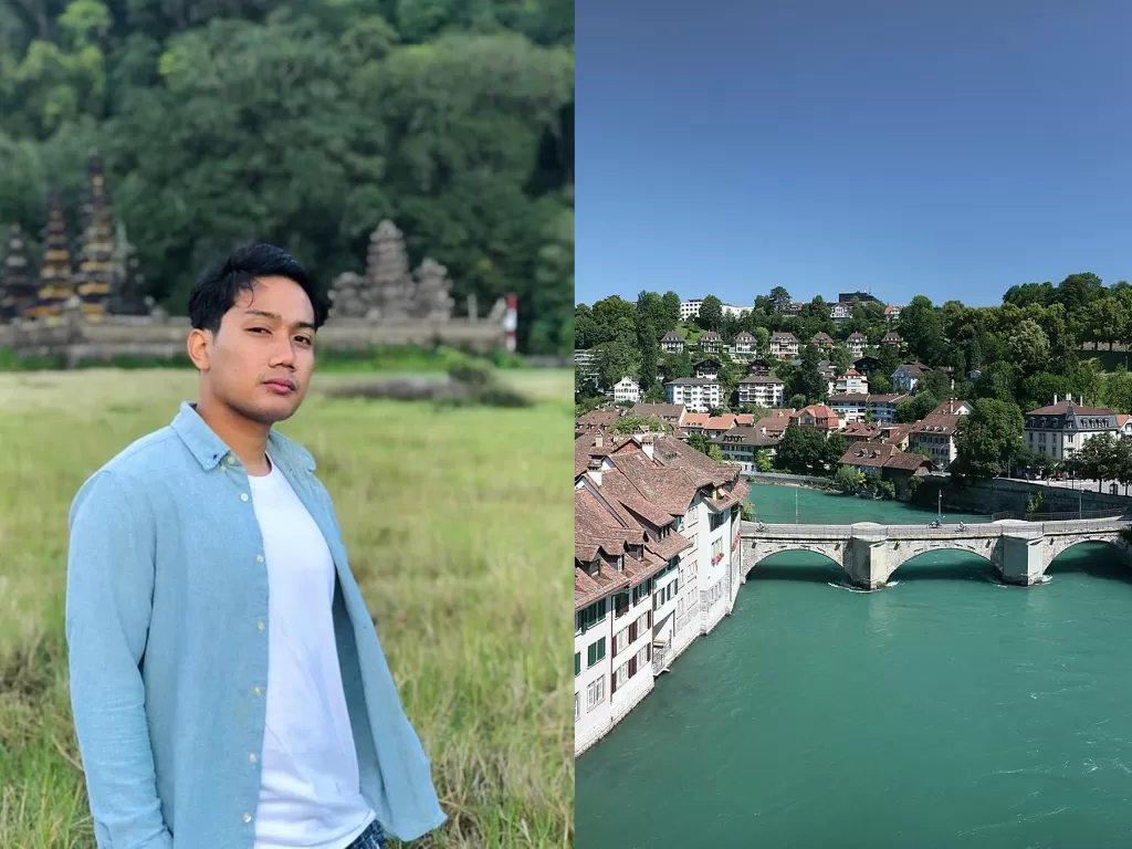 Kiri: anak Ridwan Kamil, Emmeril Khan Mumtadz, kanan: sungai Aaree, Bern, Swiss. (Instagram/@emmerilkahn/wikipedia)