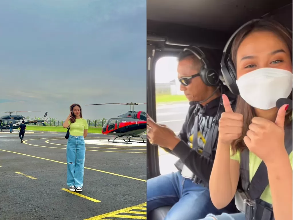 Mayang dan Doddy Sudrajat naik helikopter. (Instagram/maayang.lucyana)