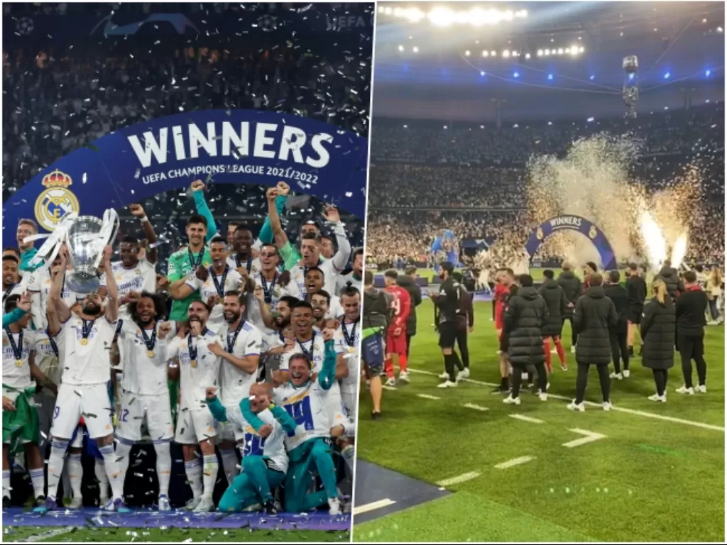 Real Madrid juara Liga Champions 2022. (REUTERS/Lee Smith) dan pemain Liverpool menatap Real Madrid juara. (Instagram/@themichaelowen)