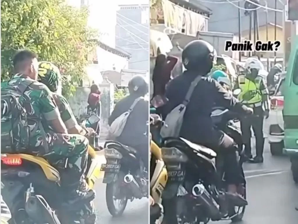 Momen prajurit TNI yang tak menggunakan helm lewati Polantas yang sedang menilang warga. (Instagram/@fakta.indo)
