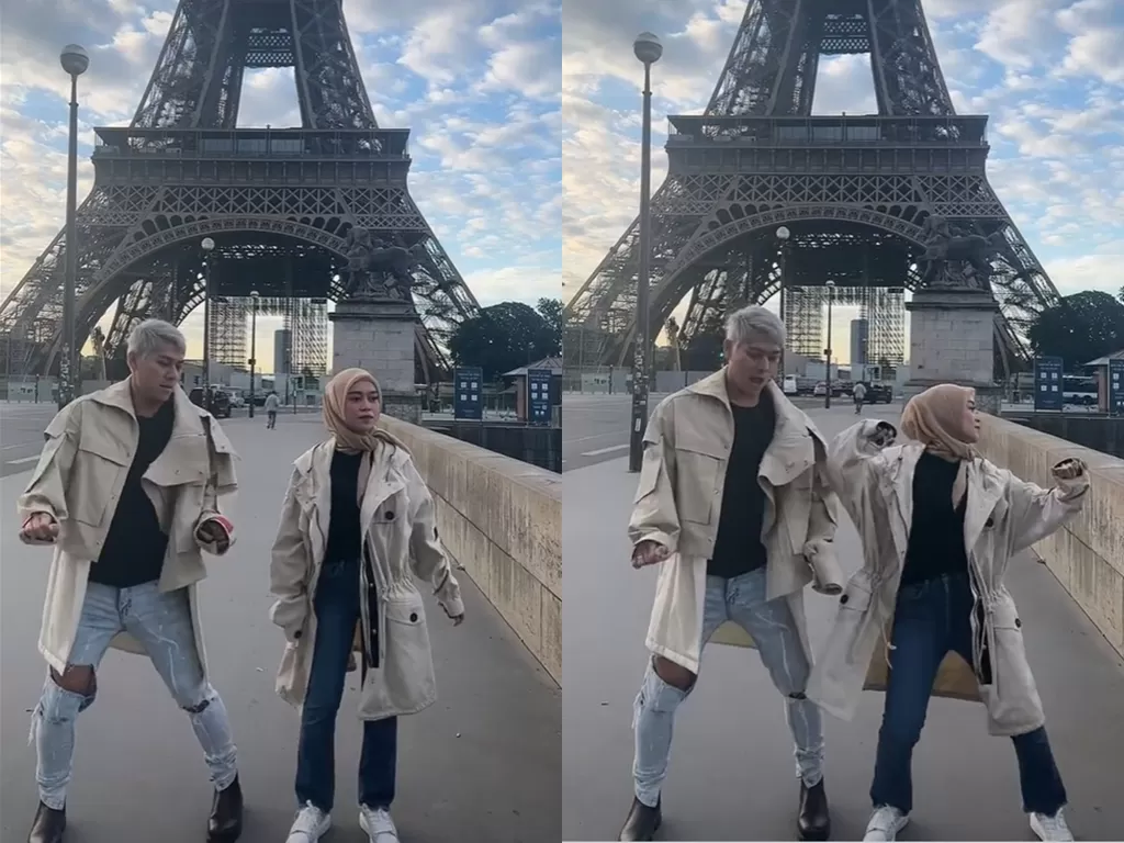Rizky Billar dan Lesti Kejora joget TikTok di Menara Eiffel. (TikTok/mrizkybillar)