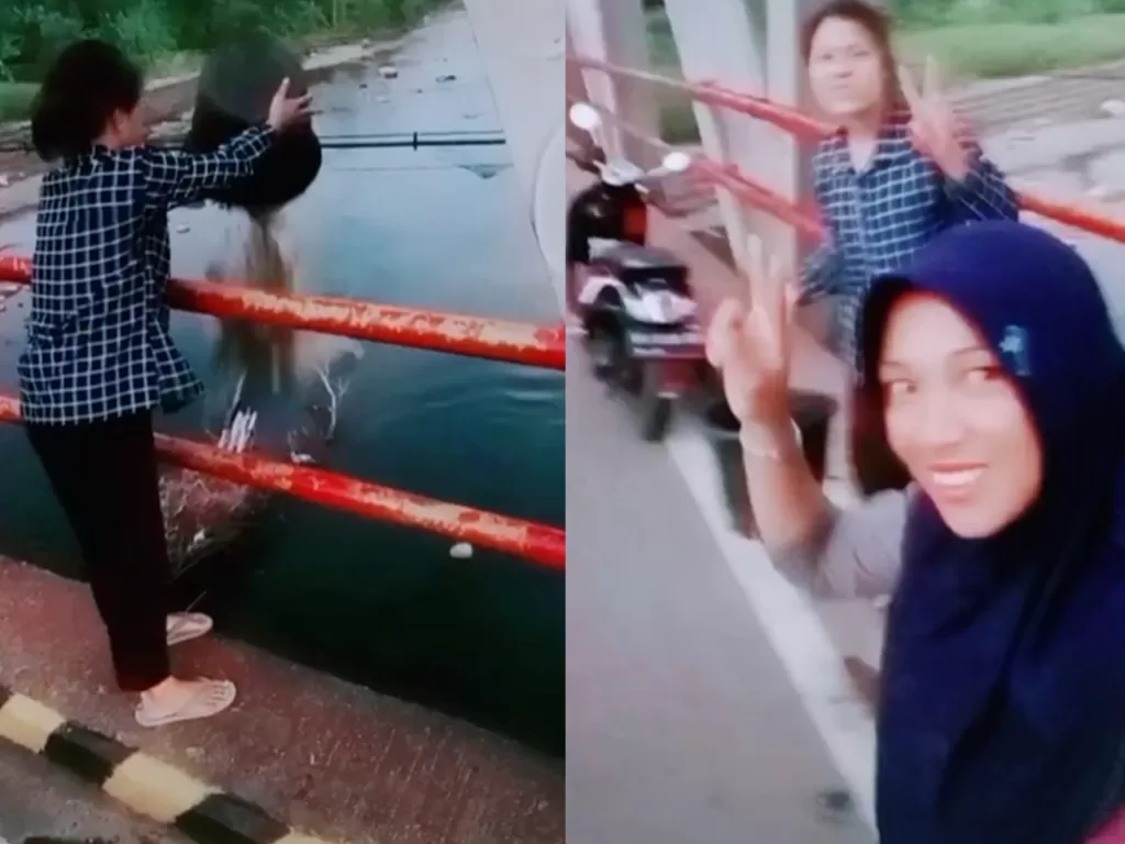 Dua wanita membuang sampah ke sungai sambil joget TikTok. (TikTok/@idasudir)
