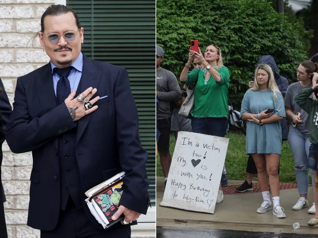 Aktor Johnny Depp (kiri), korban KDRT yang mendukung Johnny Depp di luar persidangan. (REUTERS/Evelyn Hockstein).