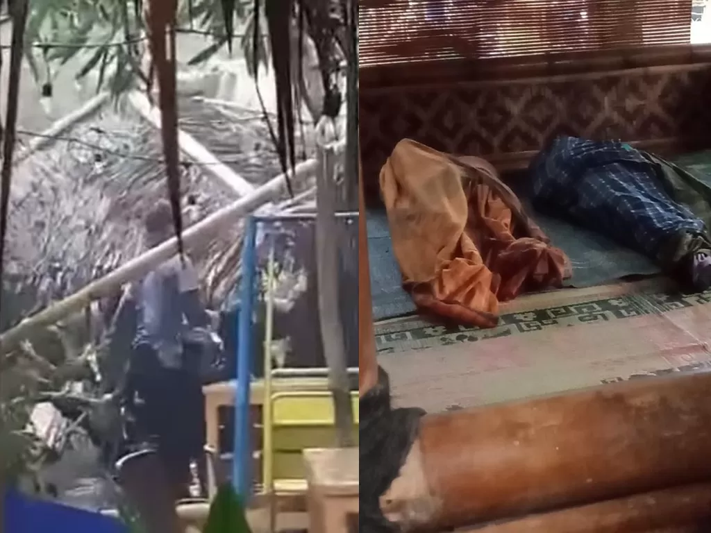 Insiden dinding roboh menimpa rumah makan berbentuk saung di Depok, Kamis (2/6/2022) makan korban. (Screenshoot/Instagram/@forumwartawanpolri)