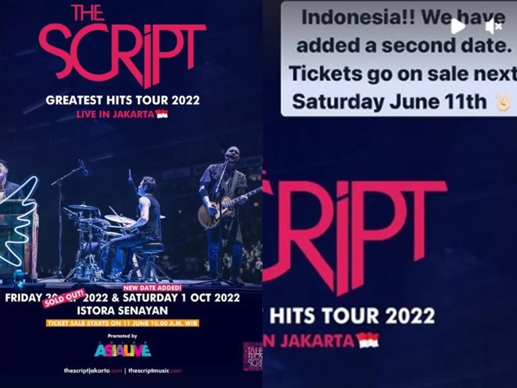 Tiket hari kedua konser The Script di Jakarta akan dijual pada 11 Juni 2022 (Instagram/thescriptofficial)