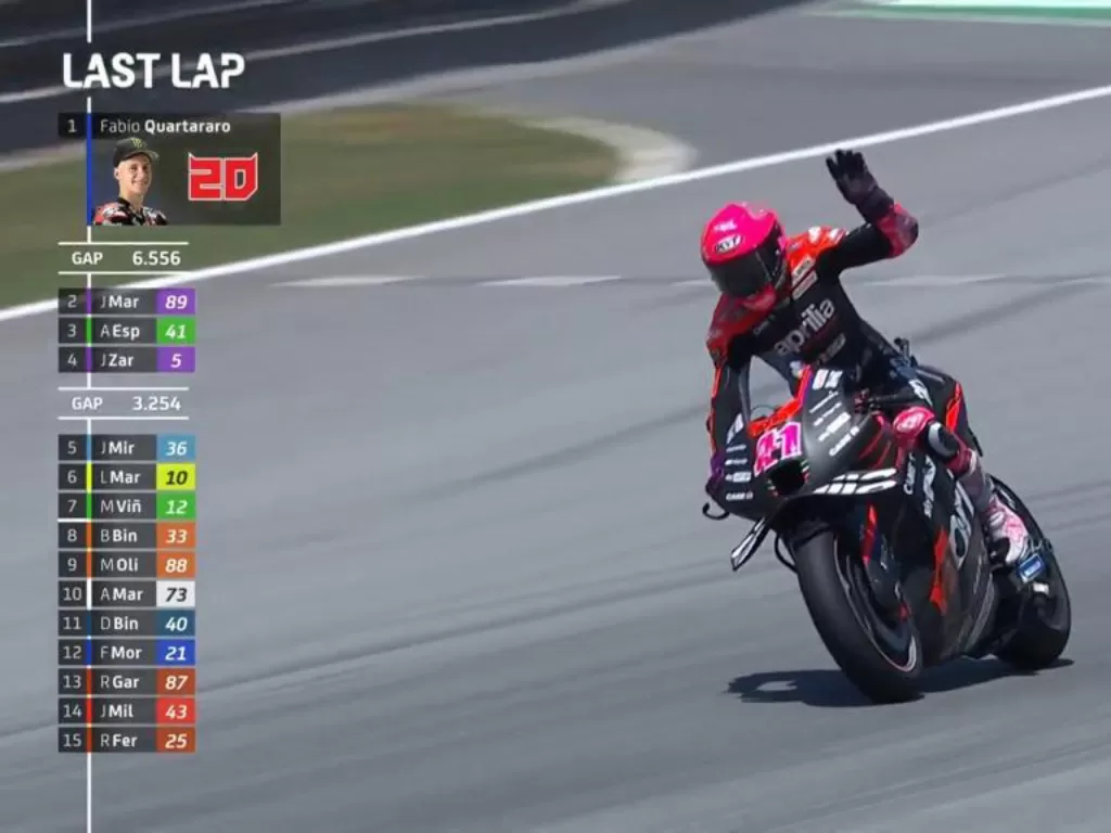 Momen Aleix Separgaro melambaikan tangan padalah balapan belum berakhir. (MotoGP)