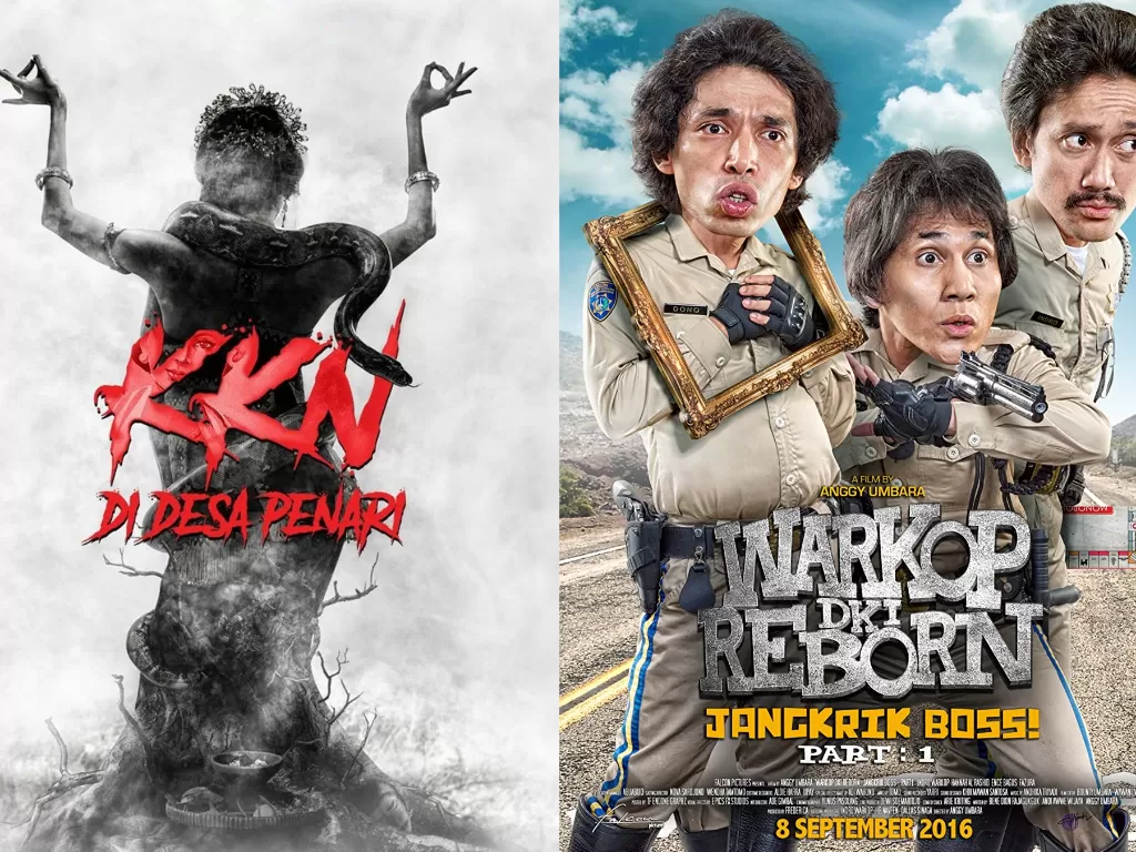 Dua poster dari film Indonesia terlaris sepanjang masa, KKN di Desa Penari dan Warkop DKI Reborn: Jangkrik Boss Part 1 (Istimewa)