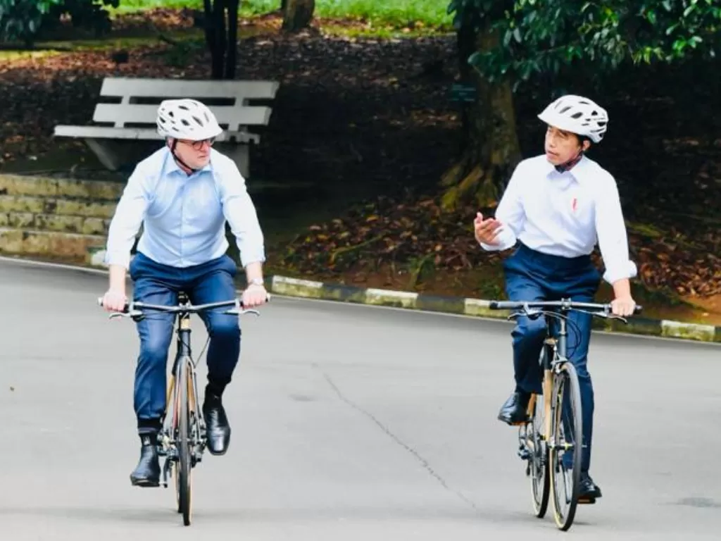 Presiden Jokowi dan PM Anthony Albanese bersepeda di Kebun Raya Bogor. (BPMI Setpres/Laily Rachev)