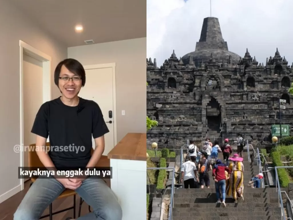 Kiri: Pria yang ogah ke Borobudur. (TikTok/@irwanprasetiyo) Kanan: Candi Borobudur. (Antaranews/Anis Efizudin/wsj)