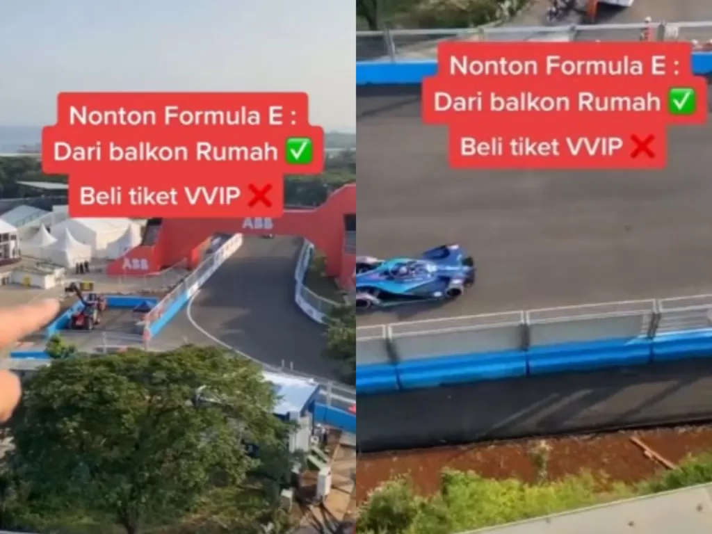 Viral nonton ajang balap Formula E dari balkon rumah. (TikTok/@andihadid)