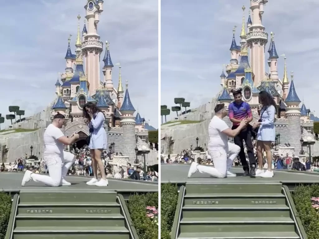 Dalam cuplikan dari video yang menjadi viral, seorang karyawan Disneyland terlihat mengambil cincin kawin dari seorang pria saat melamar di Disneyland Paris. (Foto/Wasgehtlan/Reddit)