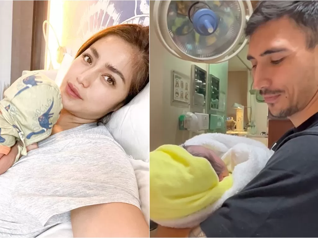 Kiri: Jessica Iskandar dan Baby V / Kanan: Vincent Verhaag gendong baby V (Instagram/@inijedar)