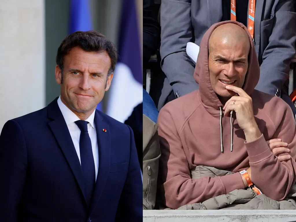 Presiden Prancis, Emmanuel Macron (kiri), Zinedine Zidane (kanan). (REUTERS/Pascal Rossignol/Sarah Meyssonnier)