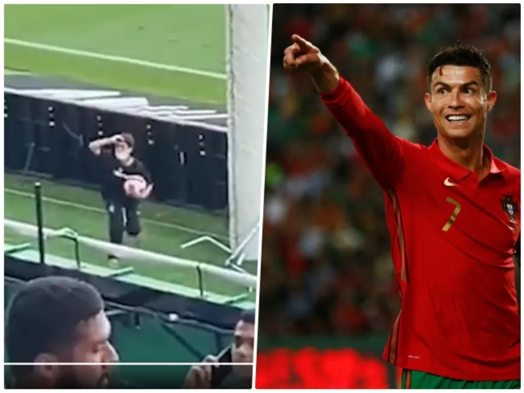 Tangkapan layar bocah tidak percaya tos dengan Cristiano Ronaldo. (Twitter/@ArobaseGiovanny) dan Cristiano Ronaldo. (Reuters)