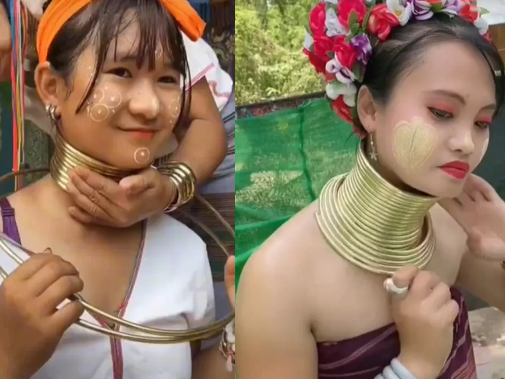 Perempuan Suku Karen di Thailand yang lehernya dipanjangkan dengan besi. (TikTok/@shopbeee)