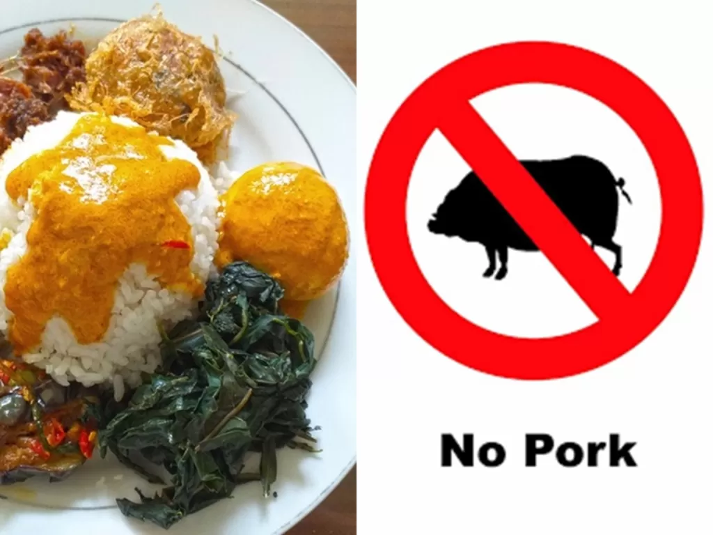 Kiri: Ilustrasi nasi padang. (Unsplash) Kanan: No pork sign. (Freepik)
