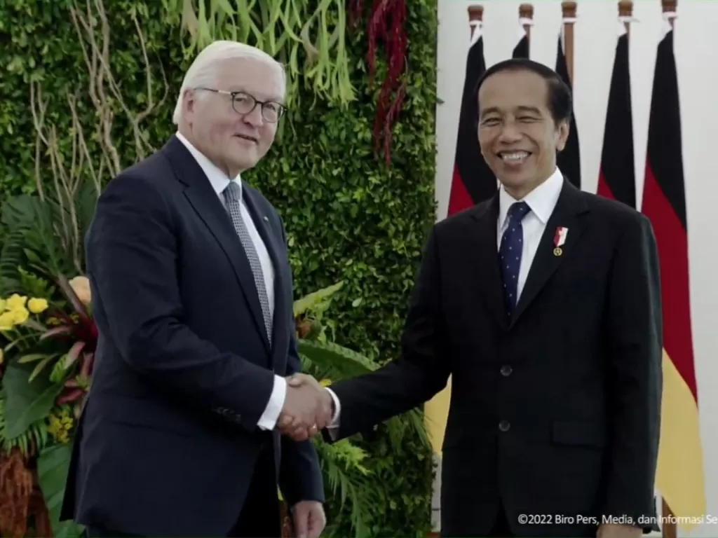 Presiden Republik Federal Jerman, Frank-Walter Steinmeier (kiri) berjabat tangan dengan Presiden RI, Joko Widodo (kanan). (YouTube Sekretariat Presiden)