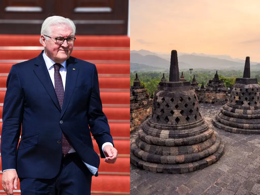 Kiri: Presiden Jerman Frank-Walter Steinmeier, kanan: Candi Borobudur. (REUTERS/Annegret Hilse/Freepik)