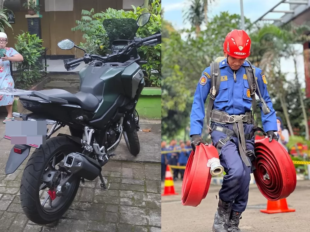 Motor warga Jakarta Selatan yang gemboknya rusak (kiri), petugas pemadam kebakaran (kanan). (Dok. Dinas Penanggulangan Kebakaran dan Penyelamatan DKI Jakarta/Instagram/@humasjakfire)