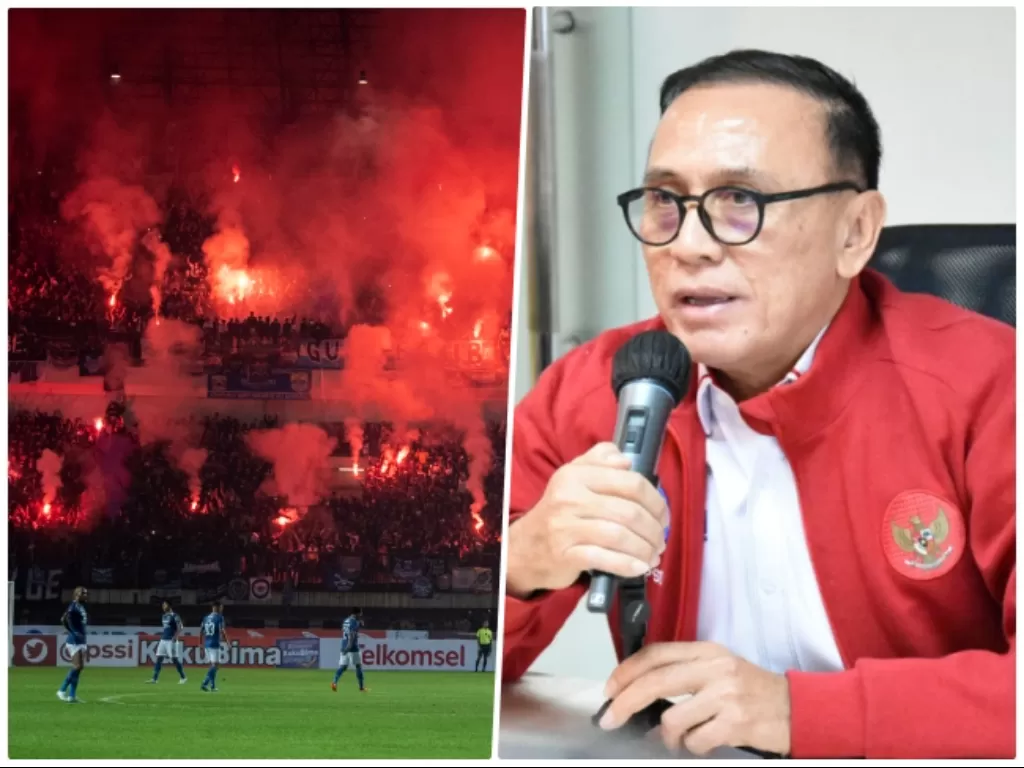 Pendukung menyalakan flare saat Persib Bandung vs Persebaya Surabay di Piala Presiden 2022. (ANTARA FOTO M Agung Rajasa) dan Ketum PSSI. (Dok. PSSI)