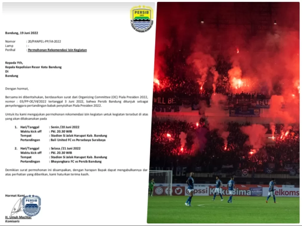 Surat permohonan pindah laga Persib Bandung. (Twitter @idextratime) dan Suporter menyalakan flare di Stadion GBLA. (ANTARA FOTO)
