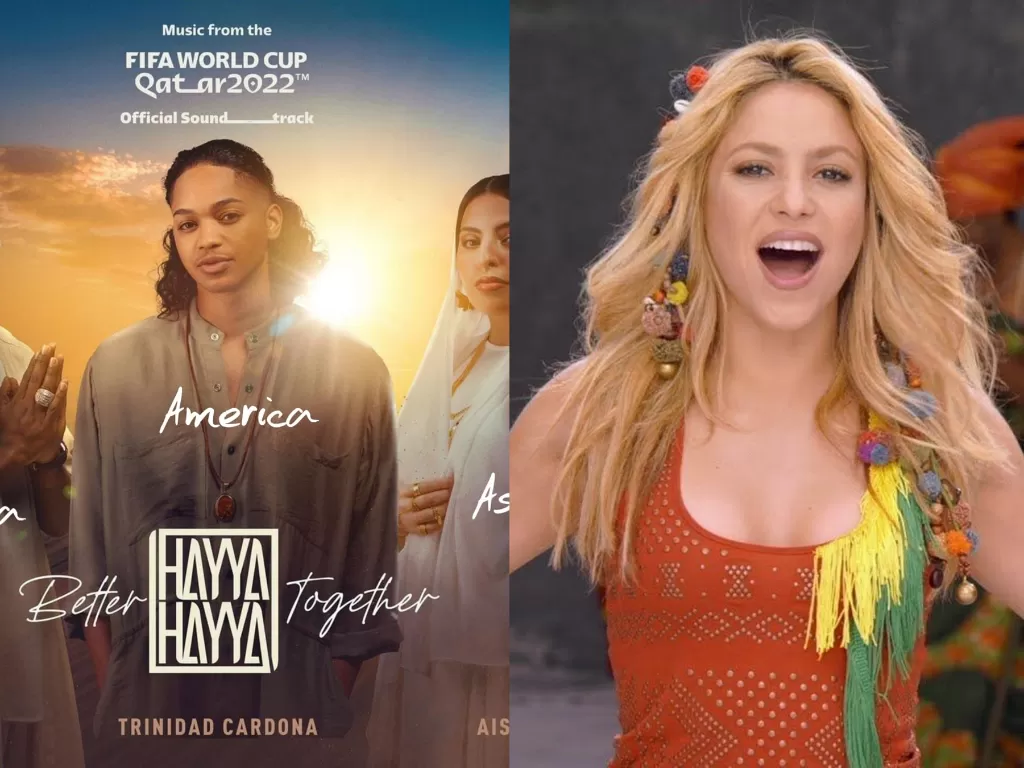 Kiri: cover lagu Hayya Hayya (Istimewa) | Kanan: Shakira dalam video musik Waka-Waka (Istimewa)
