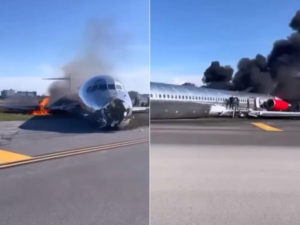 Pesawat Red Air dari maskapai penerbangan Republik Dominika terbakar di Bandara Miami. (Foto/Instagram/peroaviation)