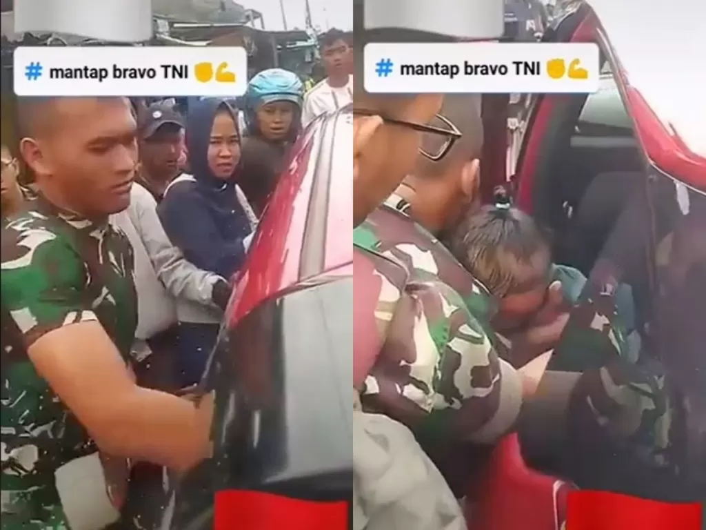Aksi heroik TNI selamatkan bayi terjebal di dalam mobil. (TikTok/@buk417_suhu)