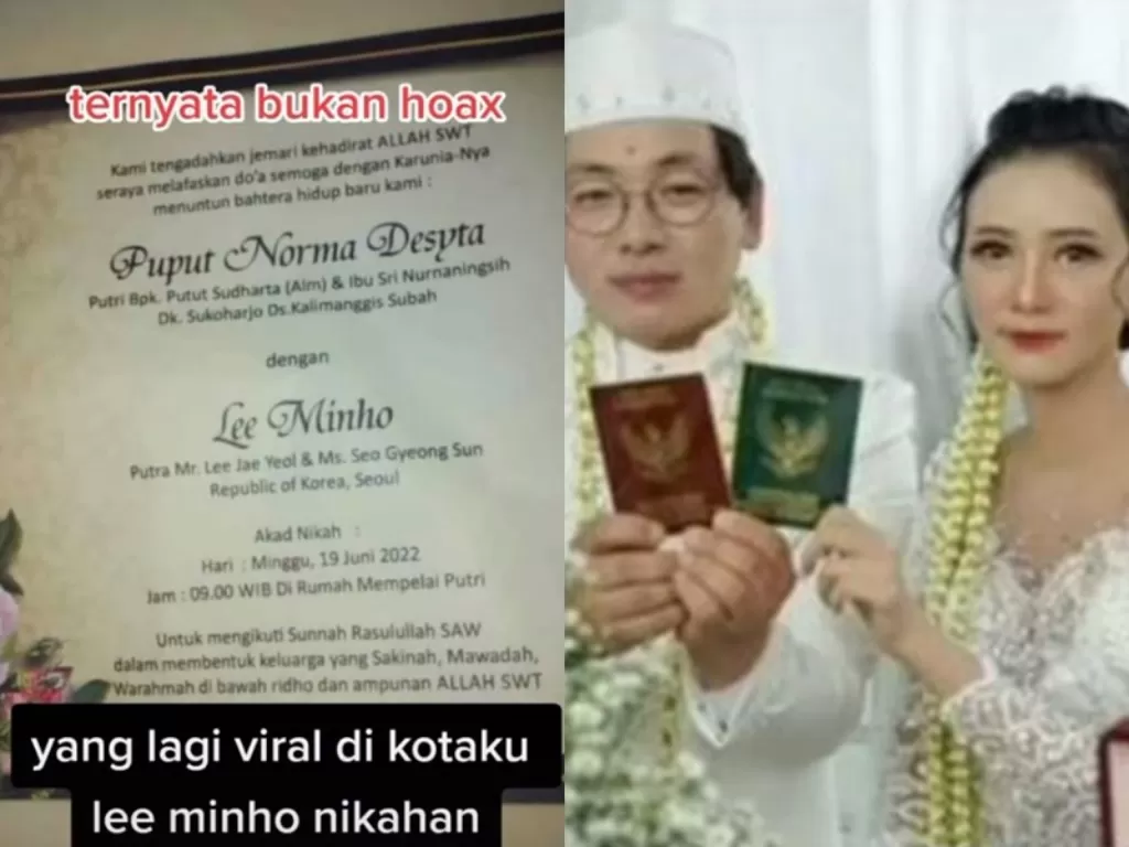 Viral pernikahan Lee Minho dengan gadis Indonesia asal Batang, Jawa Tengah. (TikTok/@albysmartkd/@galeribatikkanza014)