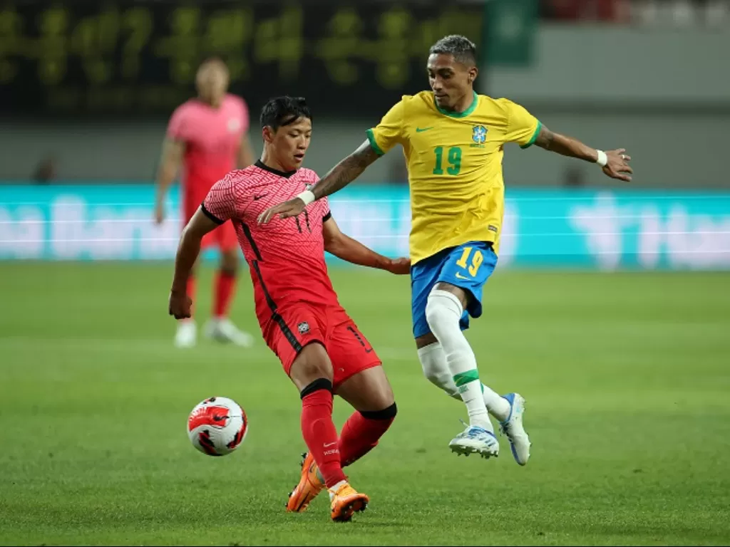 Pemain andalan Timnas Brasil dan Leeds United Raphinha masuk radar incaran Arsenal. (REUTERS/Kim Hong-Ji)