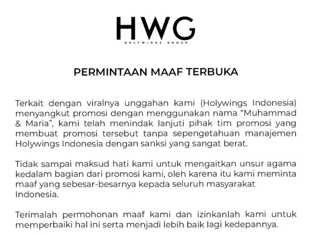 Permintaan maaf Holywings Indonesia terkait promo minuman keras yang bernama Muhammad. (Foto/Instagram)