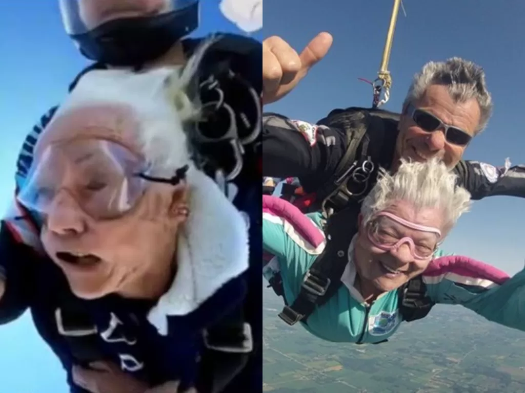 Kiri: Nenek yang berulang tahun 100 minta terjun payung. (TikTok/@virgaraditya) Kanan: Ilustrasi nenek-nenek terjung payung. (Skydiving Centre)